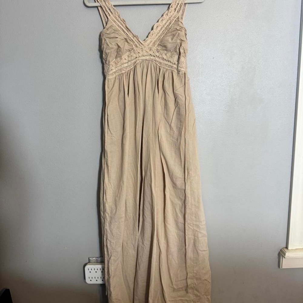 Cream maxi dress with lace trim and tie waist
